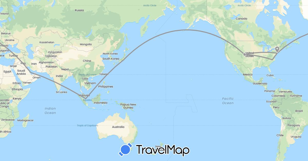 TravelMap itinerary: driving, plane in Japan, Qatar, Singapore, United States (Asia, North America)